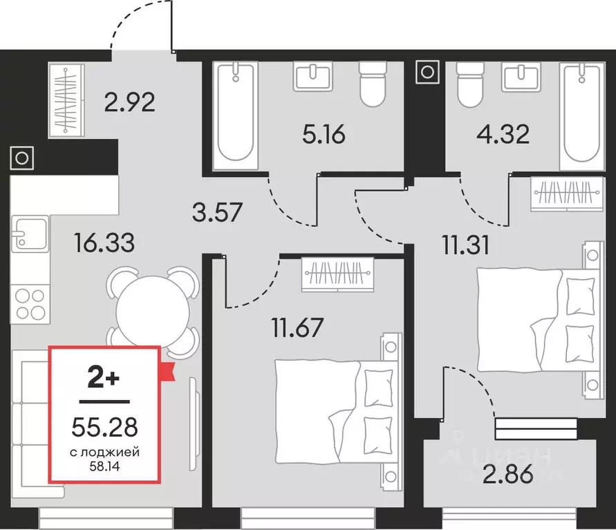 2-к кв. Ханты-Мансийский АО, Нефтеюганск ул. Нефтяников, 48А (55.28 м) - Фото 1