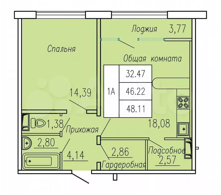 1-к. квартира, 48,1 м, 3/5 эт. - Фото 1
