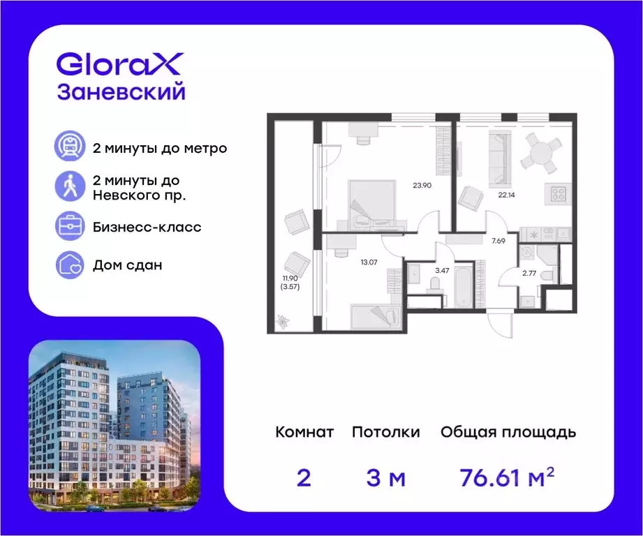 2-к кв. Санкт-Петербург просп. Энергетиков, 2к1 (77.7 м) - Фото 0