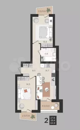 2-к. квартира, 59,4 м, 2/4 эт. - Фото 1
