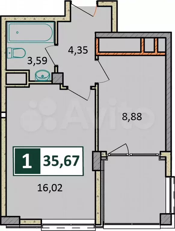 2-к. квартира, 35,7 м, 2/9 эт. - Фото 1