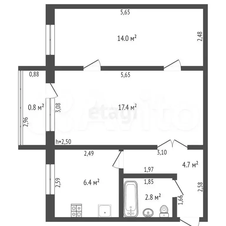 2-к. квартира, 45,3 м, 5/5 эт. - Фото 1