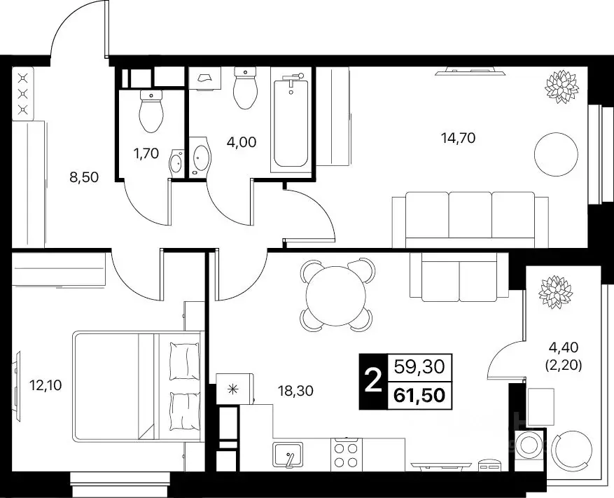 2-к кв. Ростовская область, Ростов-на-Дону бул. Авиаторов (61.5 м) - Фото 0