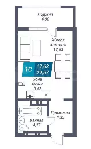 Квартира-студия, 29,6 м, 17/25 эт. - Фото 1