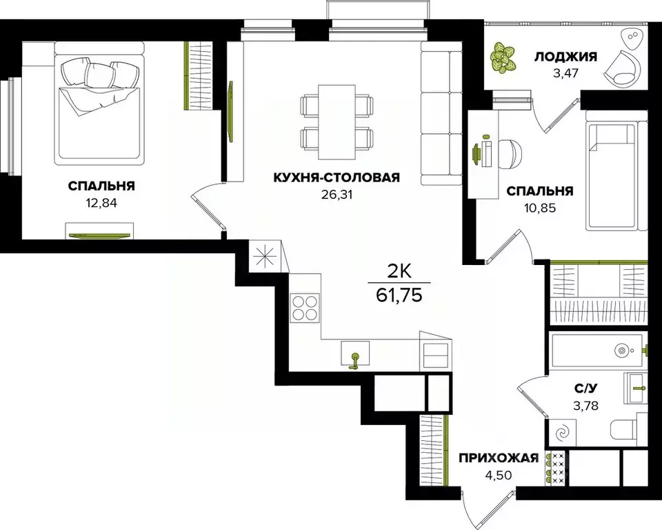 2-к кв. Тульская область, Тула  (61.75 м) - Фото 0