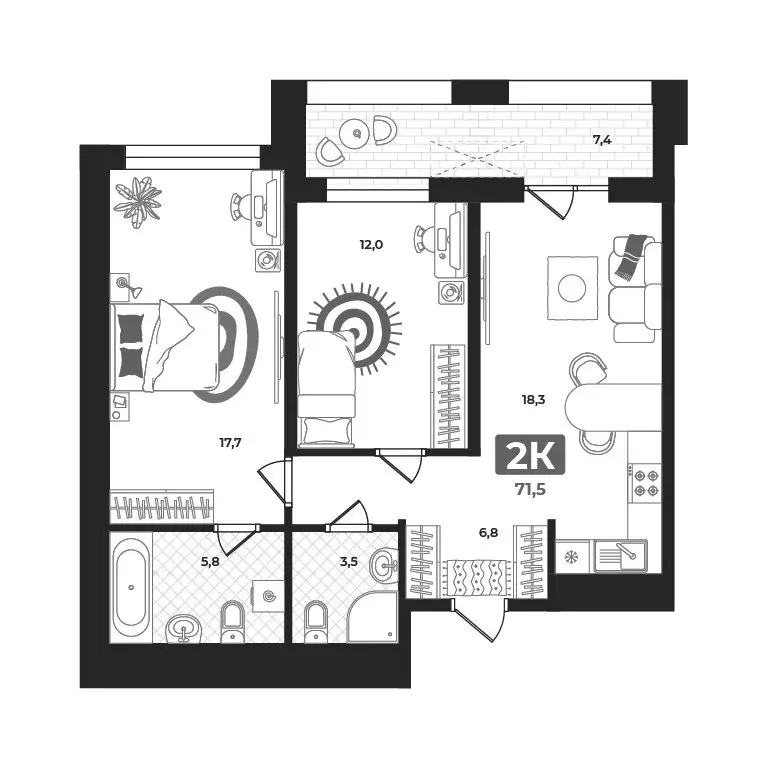 2-комнатная квартира: Тюмень, улица Братьев Бондаревых, 5 (71.3 м) - Фото 1