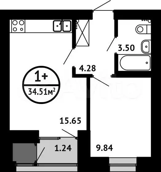 1-к. квартира, 34,5м, 2/7эт. - Фото 0