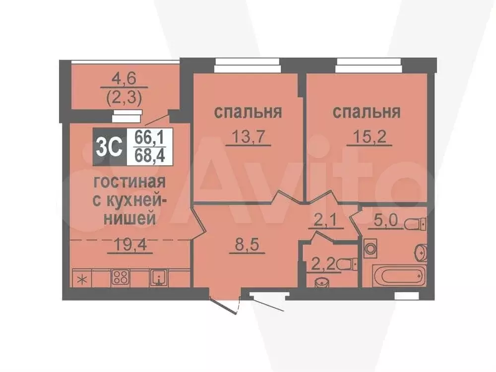 3-к. квартира, 68,4 м, 7/14 эт. - Фото 0