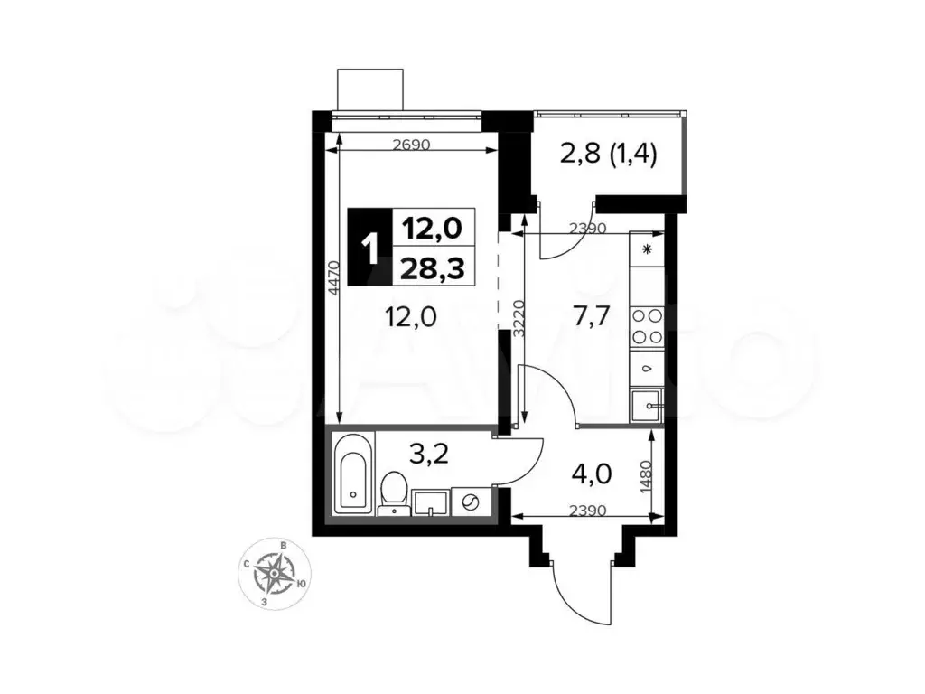 1-к. квартира, 28,3м, 24/24эт. - Фото 0