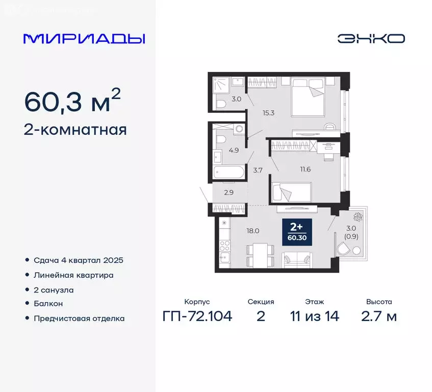2-комнатная квартира: Тюмень, ЖК Мириады (60.3 м) - Фото 0