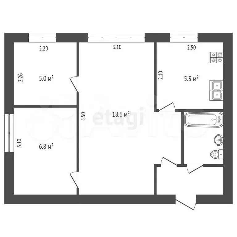 3-к. квартира, 41,6 м, 1/5 эт. - Фото 1