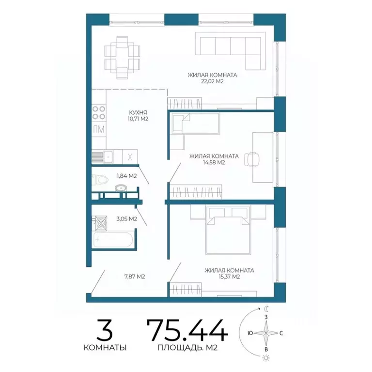3-к кв. Пензенская область, Пенза Чаадаев жилой комплекс (75.44 м) - Фото 1