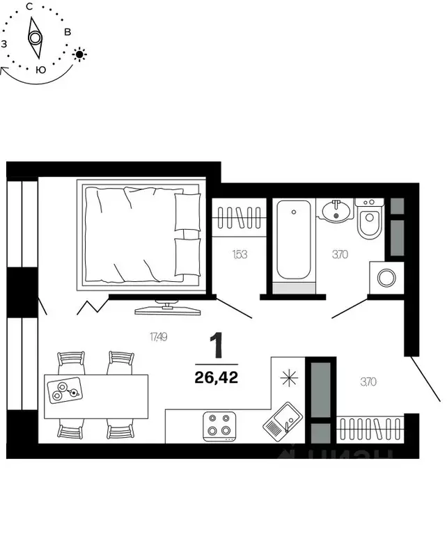 1-к кв. Рязанская область, Рязань Московский р-н, 4-й мкр,  (26.42 м) - Фото 1