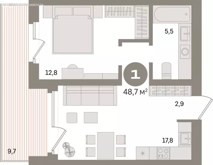 1-комнатная квартира: Екатеринбург, улица Советских Женщин (48.7 м) - Фото 1