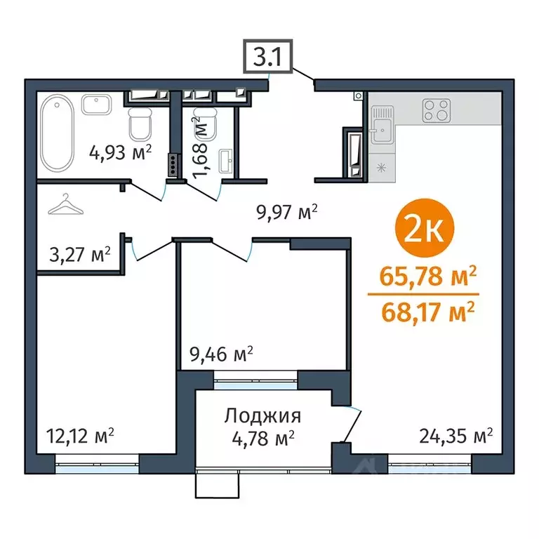 2-к кв. Тюменская область, Тюмень ул. Краснооктябрьская, 12 (65.78 м) - Фото 0