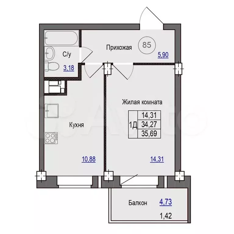 1-к. квартира, 35,7 м, 3/9 эт. - Фото 0