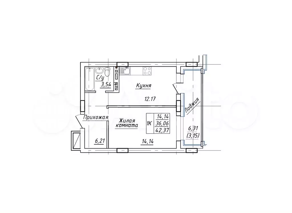 1-к. квартира, 42,4 м, 6/8 эт. - Фото 0