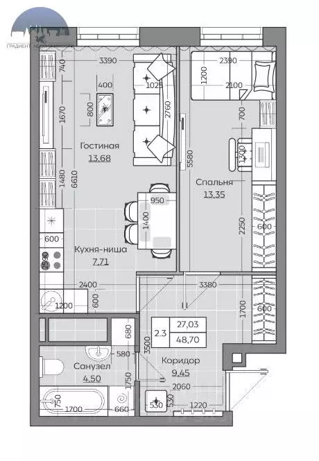 2-к кв. Татарстан, Казань ул. Рауиса Гареева, 103А (48.71 м) - Фото 2