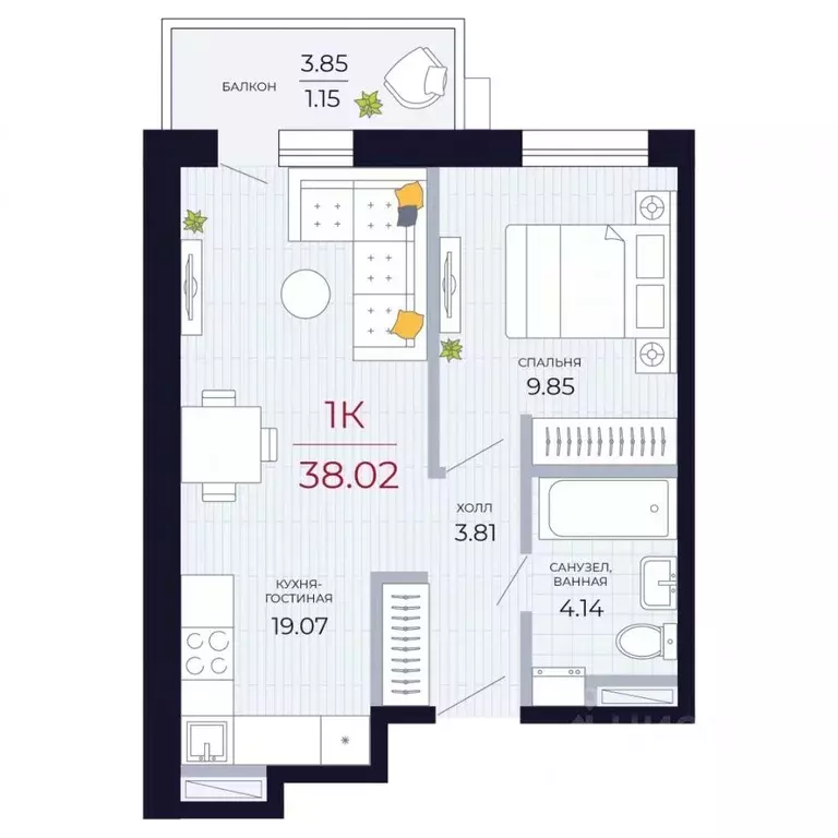 1-к кв. Татарстан, Казань Стадионная ул., 1 (38.0 м) - Фото 2