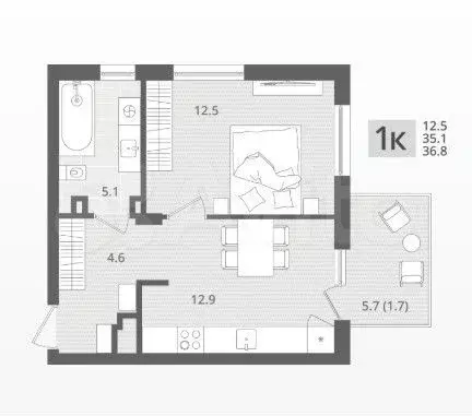 1-к. квартира, 36,8 м, 1/7 эт. - Фото 1