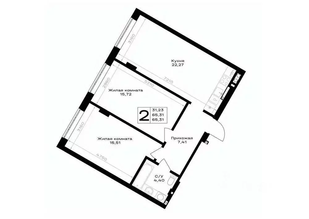2-к кв. Калининградская область, Гурьевск ш. Гурьевское, 7 (65.31 м) - Фото 1
