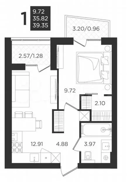 1-к. квартира, 35,8м, 2/4эт. - Фото 1