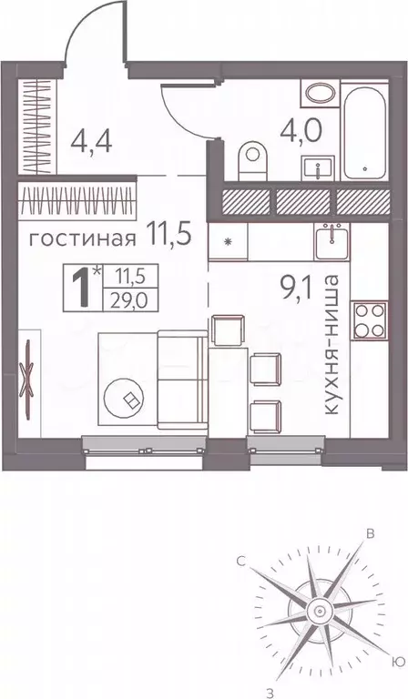 Квартира-студия, 29 м, 3/20 эт. - Фото 0