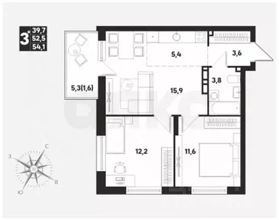 3-к кв. Пермский край, д. Кондратово ул. Парфенова, 5 (54.1 м) - Фото 0