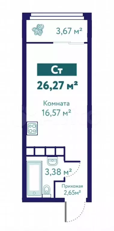 Квартира-студия, 26,3 м, 7/10 эт. - Фото 1