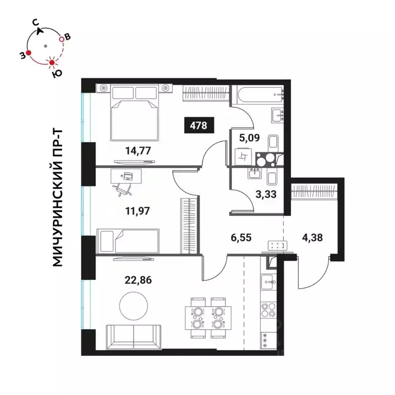 3-к кв. Москва Инноватор жилой комплекс, кБ (68.95 м) - Фото 0