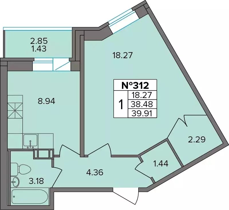 1-комнатная квартира: Новое Девяткино, Лесная улица, 19 (39.91 м) - Фото 1