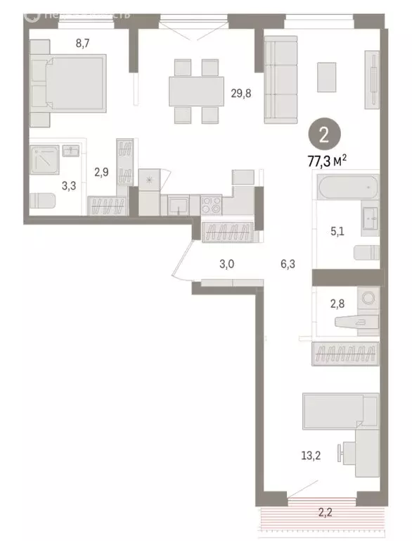 2-комнатная квартира: Новосибирск, улица Аэропорт, 90 (77.26 м) - Фото 2