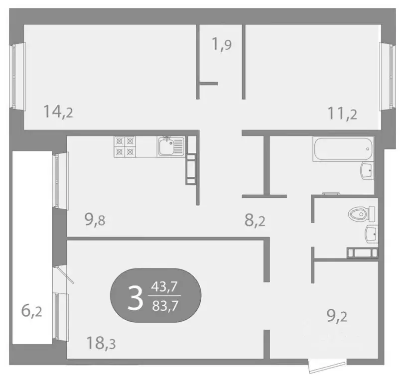 3-к кв. Томская область, Томск ул. Пришвина, 43 (83.77 м) - Фото 1