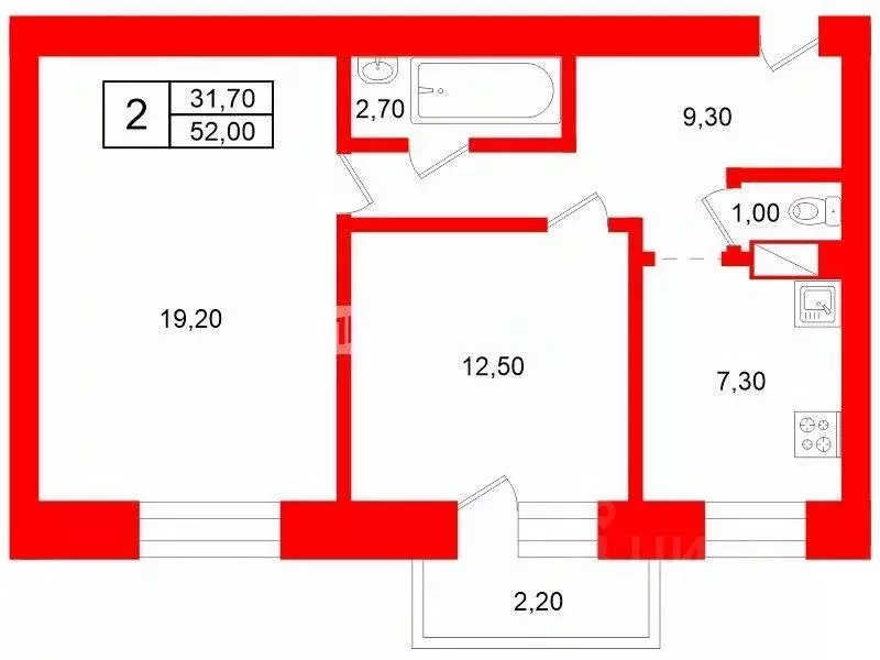 Квартира, 2 комнаты, 52 м - Фото 1