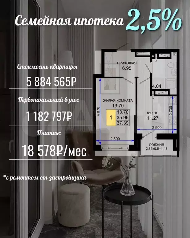 1-к. квартира, 37 м, 5/19 эт. - Фото 1