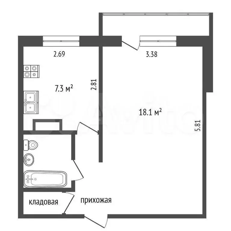 1-к. квартира, 34,4 м, 5/5 эт. - Фото 0