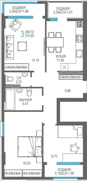 3-к кв. Крым, Алушта На Фонтанке жилой комплекс (79.03 м) - Фото 0