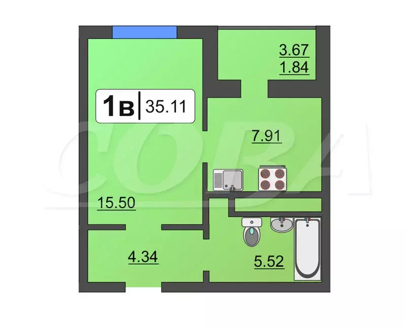 1-комнатная квартира: Тюмень, улица Бакинских Комиссаров, 3к1 (35.1 м) - Фото 1
