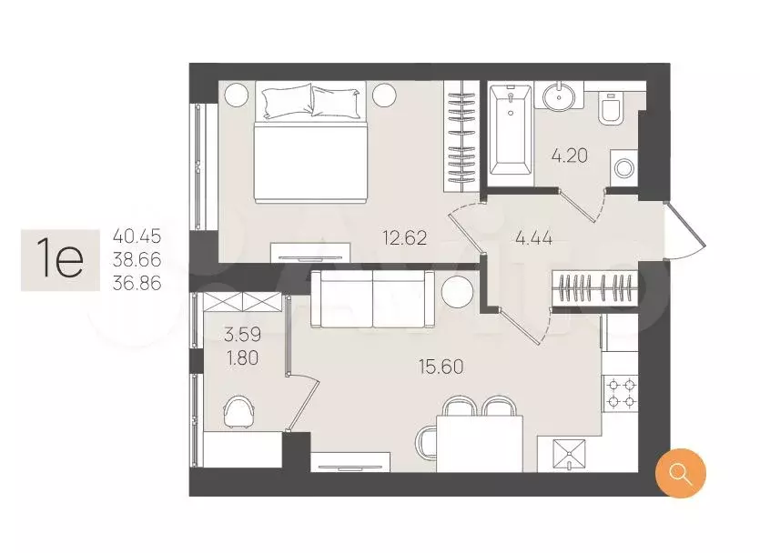 1-к. квартира, 38,7 м, 3/5 эт. - Фото 1