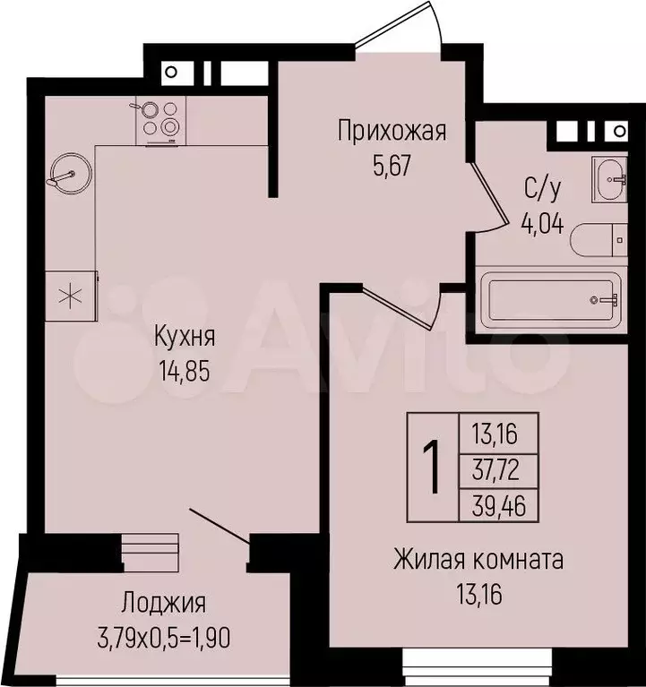 1-к. квартира, 39,6 м, 3/15 эт. - Фото 0
