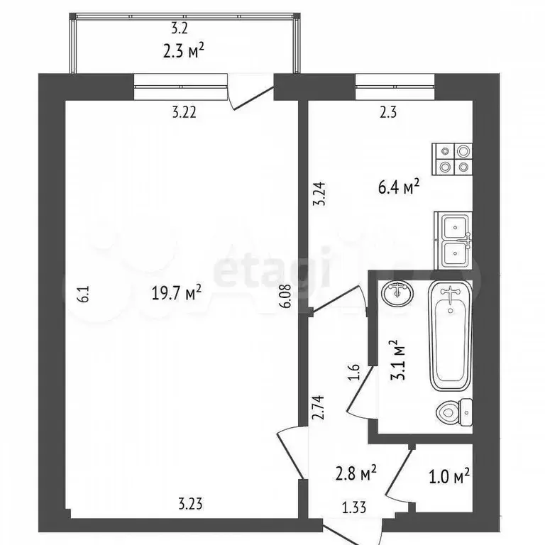 1-к. квартира, 33 м, 8/9 эт. - Фото 0