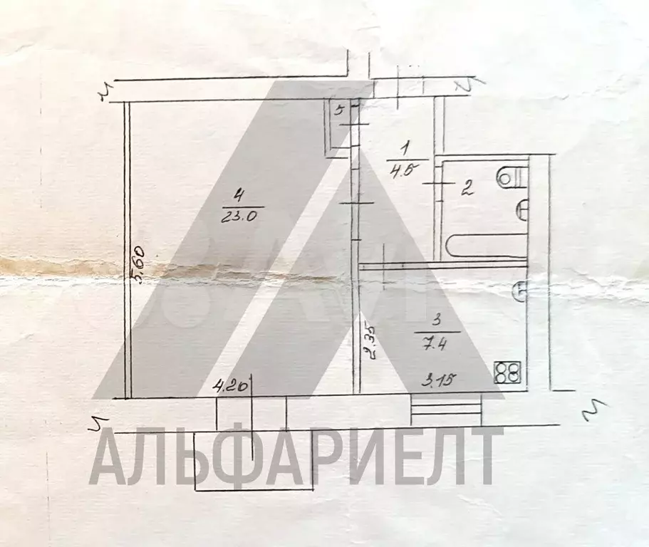 1-к. квартира, 38,4 м, 3/3 эт. - Фото 0