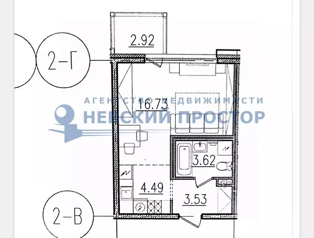 Студия Санкт-Петербург Комендантский просп., 56 (32.0 м) - Фото 1