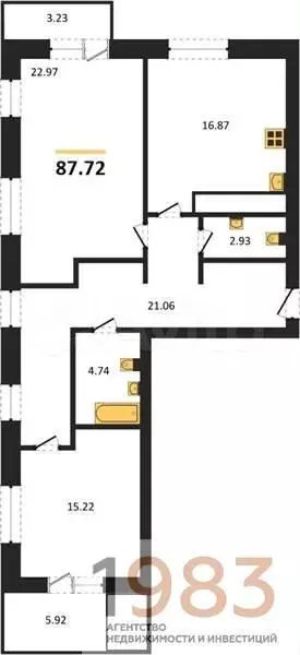 2-к. квартира, 87,7 м, 5/9 эт. - Фото 0