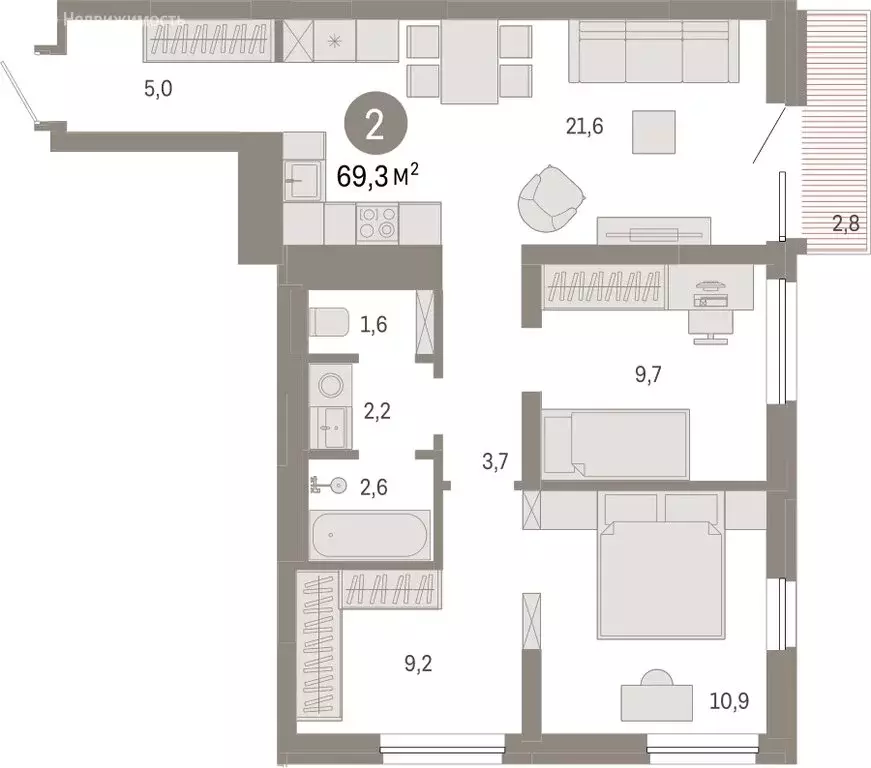 2-комнатная квартира: Екатеринбург, улица Войкова, 15 (69.27 м) - Фото 1