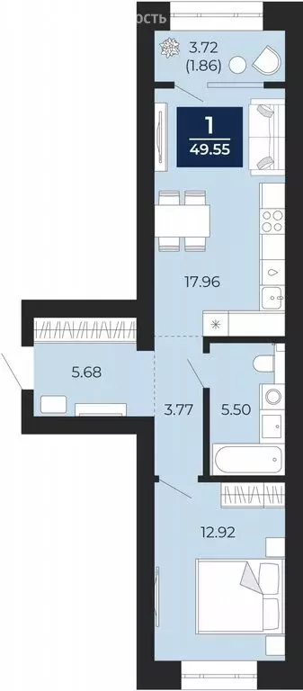 1-комнатная квартира: Новый Уренгой, микрорайон Славянский (49.55 м) - Фото 0
