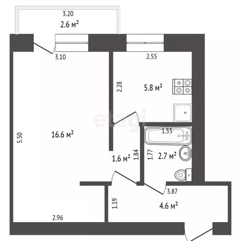 1-к кв. Башкортостан, Стерлитамак ул. Нагуманова, 56Б (31.3 м) - Фото 2