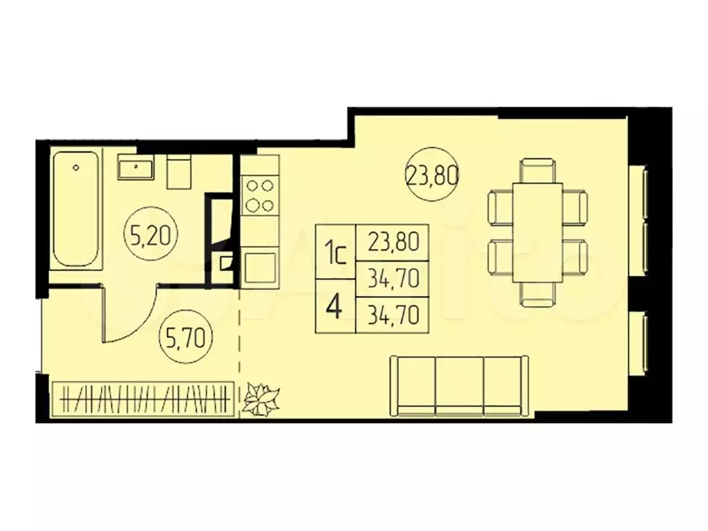 Квартира-студия, 34,7 м, 13/23 эт. - Фото 0