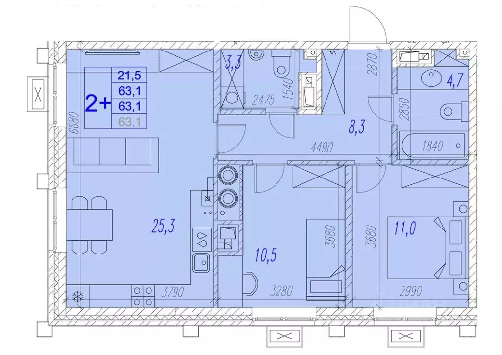 2-к кв. Астраханская область, Астрахань ул. Трофимова (63.1 м) - Фото 1