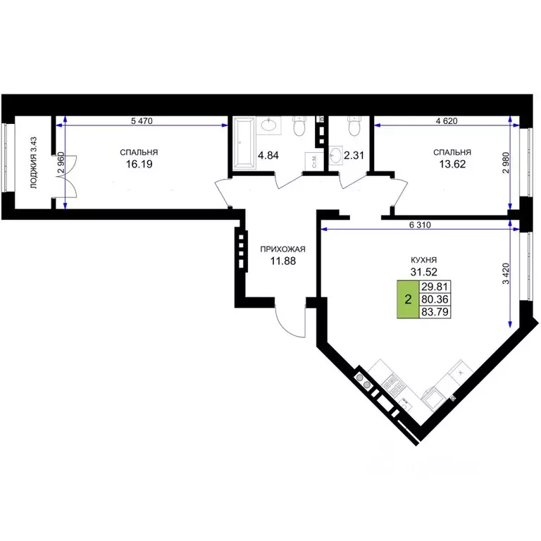 2-к кв. Калининградская область, Гурьевск Включи жилой комплекс (83.79 ... - Фото 1